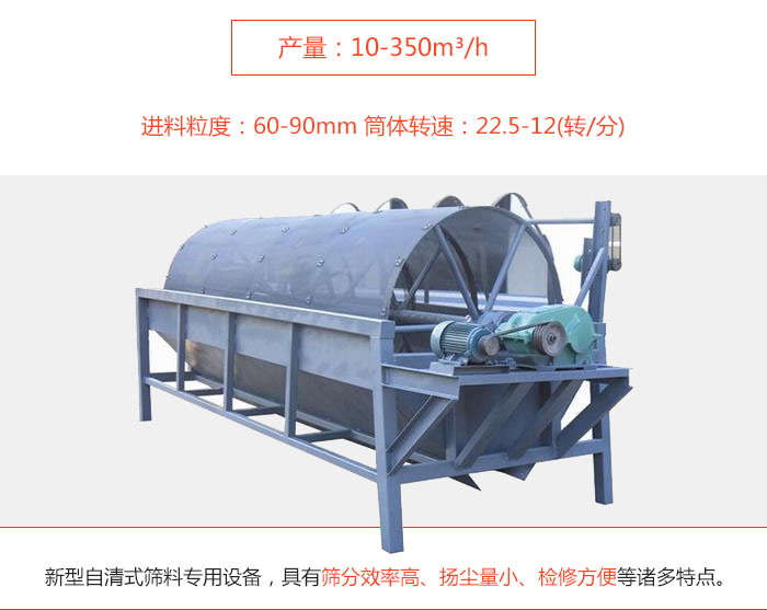 滚筒筛分机是一种新型自清式筛料专用设备，具有筛分效率高、扬尘量小、检修方便等诸多特点。